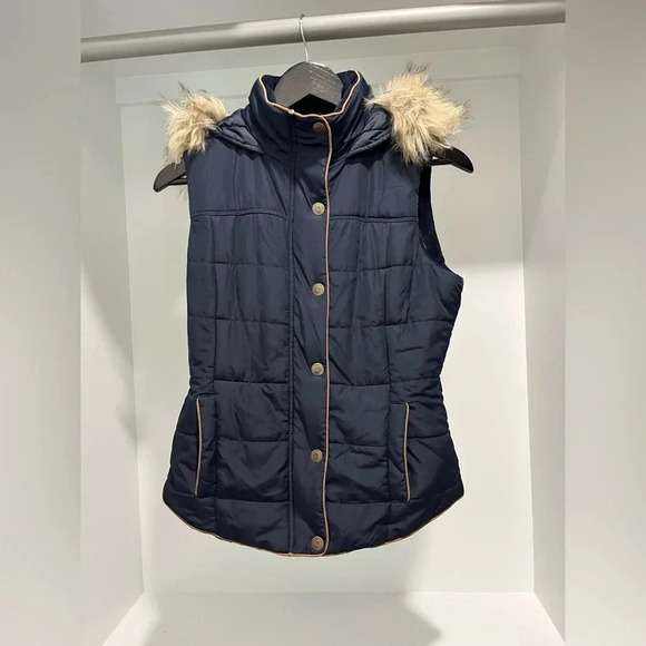 PRINCE & FOX navy puffer vest zip snaps removable fur trim hood pockets Small - Picture 1 of 11